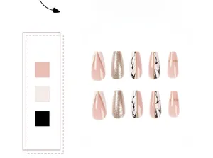 Detail of ballerina press-on nails with marble texture, gold lines and rose gold glitter