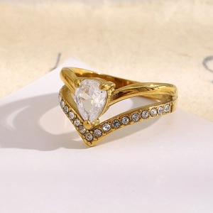 Detail of 18K gold-plated double crown ring with teardrop zircon and V-shaped band