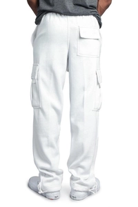 Detail view of white men's cargo pants showing multi-pocket design and tapered cuff fit