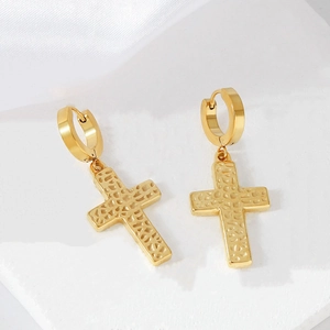 Orecchini a Croce in Acciaio Inossidabile Hip Hop per Uomo Donna Placcati Oro Texture Martellata Gioielli di Moda Religiosa