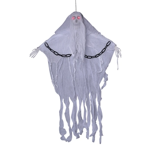 Hanging ghost decoration with glowing red eyes and black chains for Halloween decor
