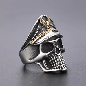 Gothic punk skull officer ring in vintage silver and gold stainless steel finish