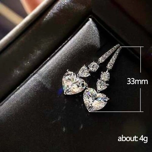 Sparkling zircon heart drop earrings in silver finish, 33mm length for romantic gift
