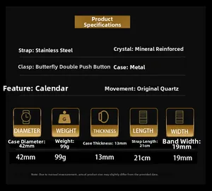 Detailed size chart for men's mechanical style watch with steel strap and 42mm case