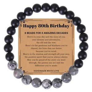 Detailed view of 80th birthday bracelet with matte black beads and natural map stones