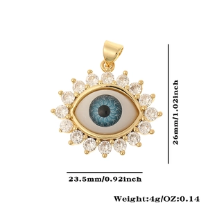 Detailed view of gold evil eye pendant with dimensions 26mm by 23.5mm and 4g weight