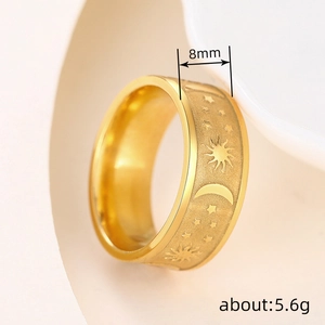 Minimalist 8mm golden ring with sun moon and star patterns for men and women