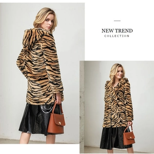 Women's faux fur hooded coat with tiger stripe pattern in mid-length stylish design