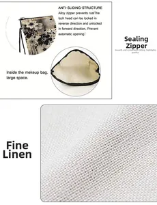 Detail of floral linen makeup bag with durable alloy zipper and large inner capacity