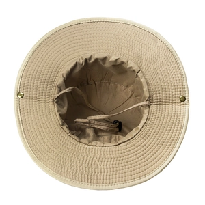 Khaki wide-brim outdoor fishing bucket hat with adjustable chin strap for sun protection