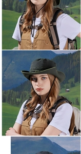 Détail du chapeau de randonnée vert foncé avec jugulaire réglable et tissu résistant