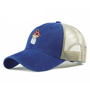 Navy and beige mesh trucker hat with mushroom embroidery for summer sun protection