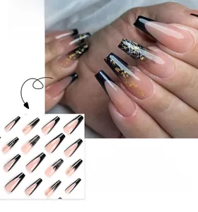 Macro view of French nude nails with black tips, gold foil, and white artistic lines