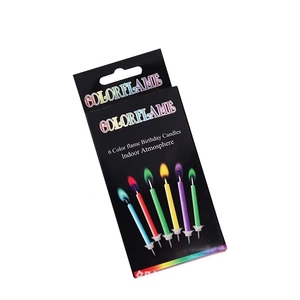 Pack of 6 creative birthday candles with vibrant multi-color flames in black box packaging