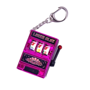 Pink mini slot machine keychain with working handle and lucky slot casino game design
