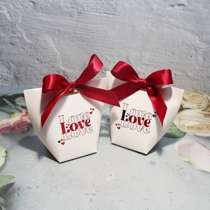 Romantic white Love candy boxes with red ribbons for wedding and party favor packaging