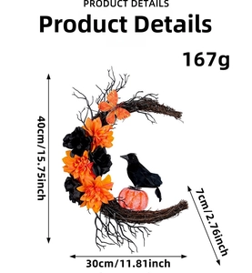 Détail de couronne d'Halloween en lune avec corbeau, dimensions de 40 cm de hauteur