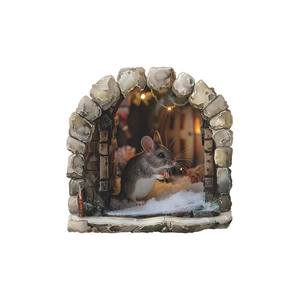 Detailed 3D mouse hole wall sticker featuring a realistic mouse in a snowy stone archway