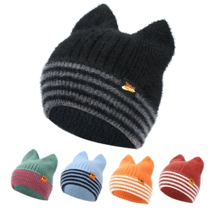 Bonnet À Oreilles De Chat En Tricot Acrylique Chaud Hiver Revers Rayé À La Mode Pour Femmes Filles Peluche Douce