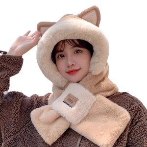 Sciarpa con cappuccio invernale in peluche con orecchie di gatto marrone e bianco