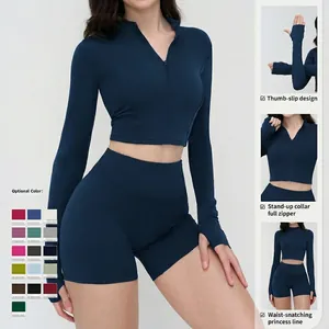 Veste de course bleu marine ajustée avec passe-pouces et fermeture éclair pour le yoga