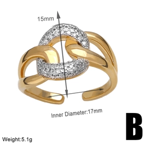 Detail showing dimensions of a gold chain link ring with white cubic zirconia inlay