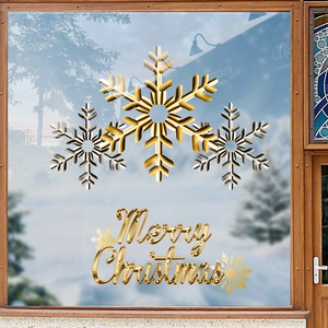 Golden 3D snowflake and Merry Christmas static cling stickers for holiday window display