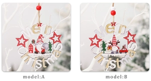 Detail of wooden Merry Christmas ornaments with gnome, pine trees and red car icons