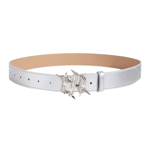 Retro American style black leather belt with a shiny silver rhinestone-encrusted buckle