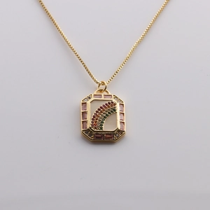 Gold plated rainbow rectangle necklace with pink gemstone frame and box chain