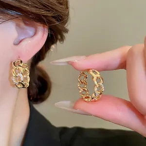 Gold plated Cuban link hoop earrings with sparkling cubic zirconia pavé setting