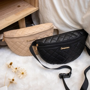 Quilted diamond lattice waist bag with adjustable strap in black and beige faux leather