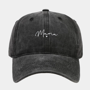 Detail of vintage washed charcoal baseball cap with white embroidered Mama text and heart