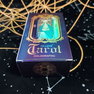 Detail view of 78-card holographic tarot deck set in deep purple mystical box