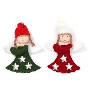 Christmas tree angel ornaments with red and green knitted hats and silver star details
