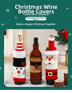 Macro detail of knitted Christmas wine bottle covers featuring Santa, snowman, and elk designs