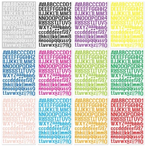 1-inch waterproof vinyl alphabet stickers set in 12 colors including letters and numbers
