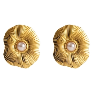 Boucles d'oreilles fleurs en acier inoxydable doré avec perle centrale élégante