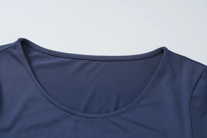 Detail of deep blue knitted U-neckline with professional double-needle stitching quality