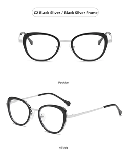 Detail view of cat eye black and silver metal frame glasses from front and 45-degree angle
