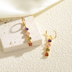 Elegant gold drop earrings featuring multi-colored square-cut cubic zirconia stones
