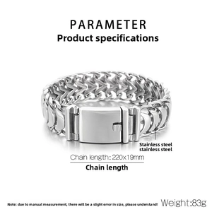 Detailed view of 19mm wide silver stainless steel curb chain with box clasp and specs