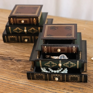 European vintage book-style jewelry storage box set with gold embossed patterns