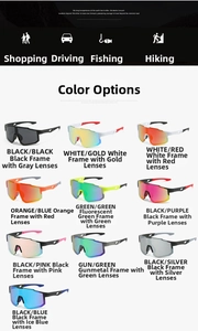 Detailed view of large frame sports sunglasses in multiple color options and mirrored lenses