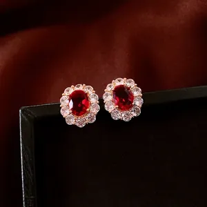French Palace Style Oval Red Gemstone Stud Earrings Copper Real Gold Plated With 925 Sterling Silver Earring Post