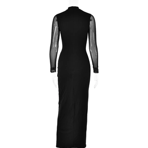 Detail view of the elegant black bodycon dress back with sheer mesh long sleeves