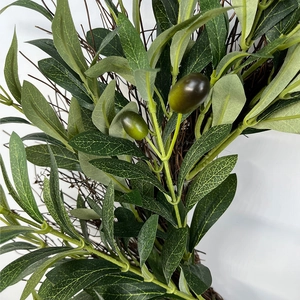 Artificial olive leaf wreath with realistic green foliage and dark fruits for home decor