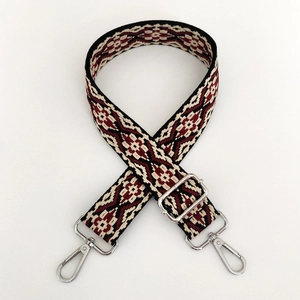 Detail of jacquard ethnic strap with silver metal lobster clasps and adjustable buckle