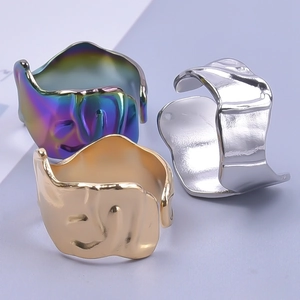 Irregular liquid metal style open rings in rainbow, gold, and silver stainless steel