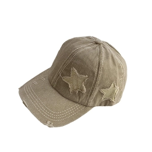 Vintage distressed khaki baseball cap with star patch and ripped details for women
